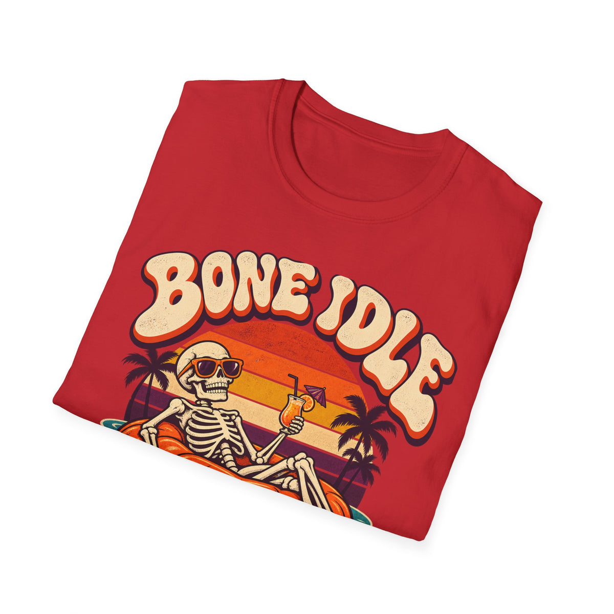 Bone Idle Skeleton Pumpkin T-Shirt — Retro Halloween Vacation Vibe