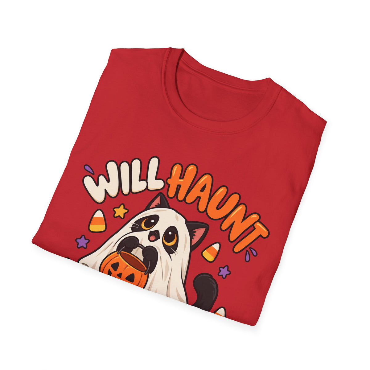 Halloween Ghost T-Shirt — "Will Haunt for Snacks" Cute Candy Costume Tee