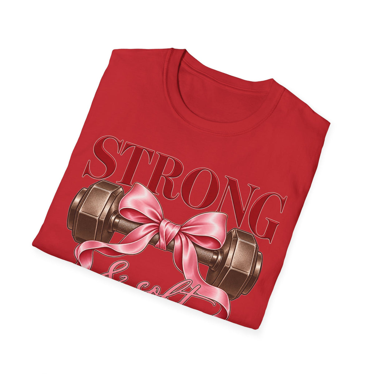 Strong & Soft T-Shirt — Dumbbell Graphic with Pink Ribbon (Fitness Gift)