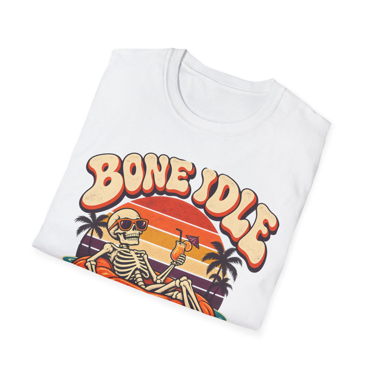 Bone Idle Skeleton Pumpkin T-Shirt — Retro Halloween Vacation Vibe