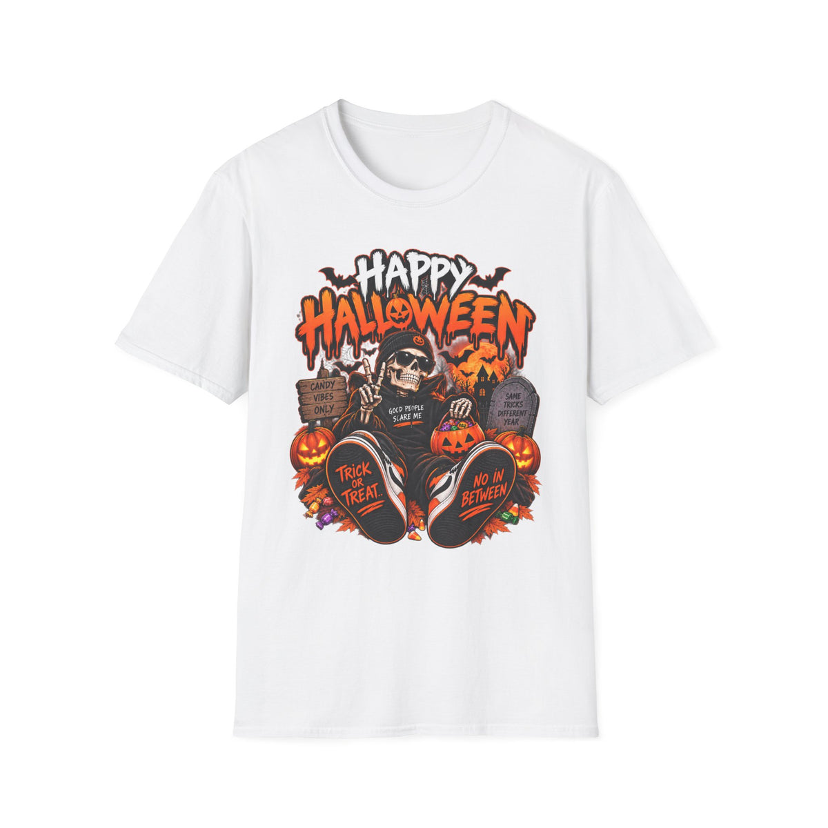 Happy Halloween Skeleton T-Shirt — Trick or Treat Pumpkin Graphic Tee