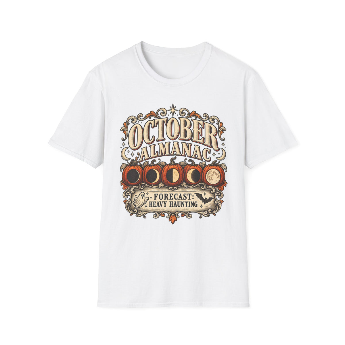 October Almanac T-Shirt — "Forecast: Heavy Haunting" Vintage Halloween Tee