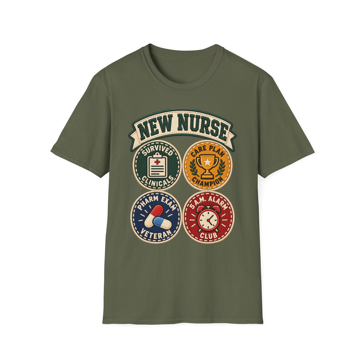 New Nurse Badge T-Shirt — "New Nurse" Vintage Patch Graphic Tee for Nursing Graduates