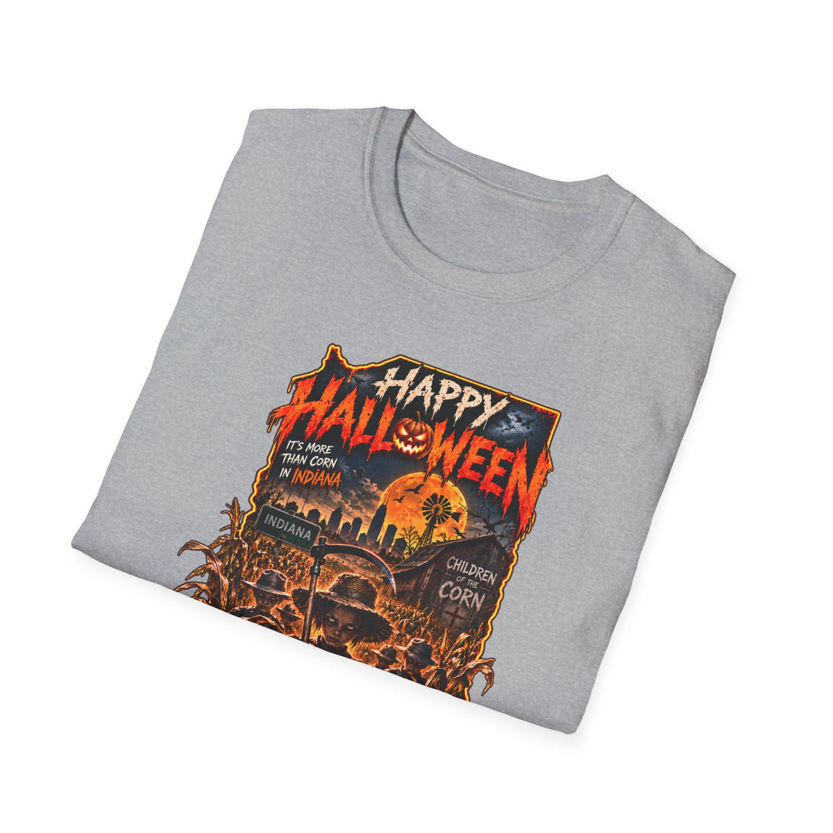 Happy Halloween Retro Tee — Moonlit Skull & Pumpkin Graveyard