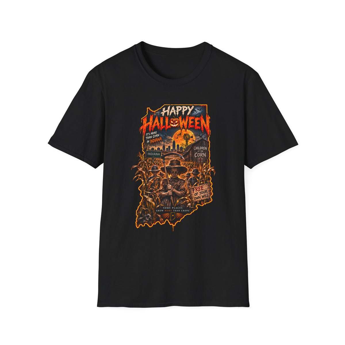 Happy Halloween Retro Tee — Moonlit Skull & Pumpkin Graveyard