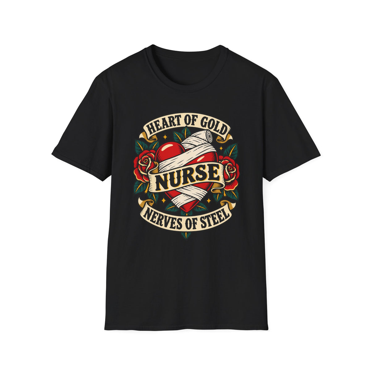Nurse Tattoo Heart T-Shirt — "Heart of Gold, Nerves of Steel" Retro Nursing Tee