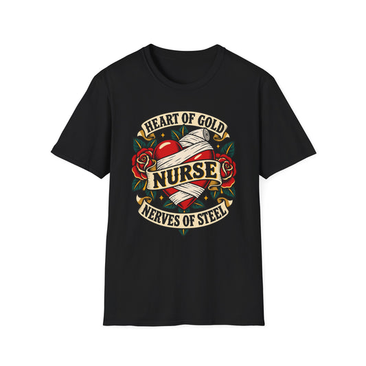 Nurse Tattoo Heart T-Shirt — "Heart of Gold, Nerves of Steel" Retro Nursing Tee