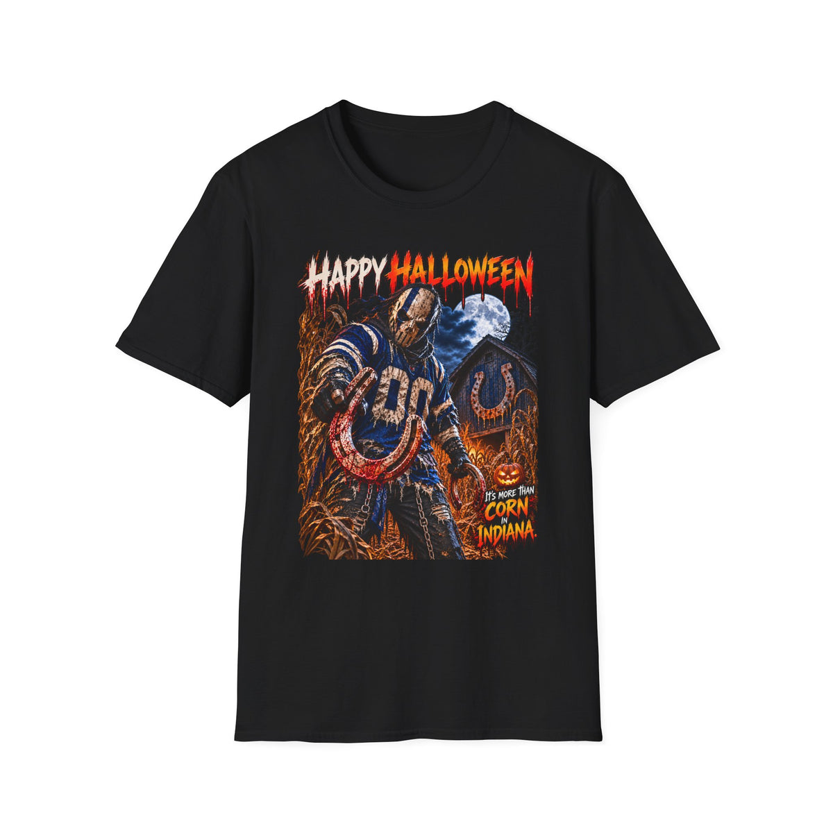 Halloween Scarecrow T-Shirt — "Happy Halloween" Cornfield Nightmare Tee