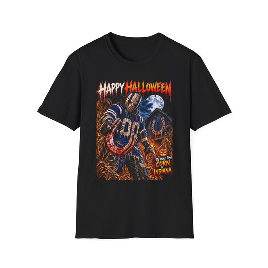 Halloween Scarecrow T-Shirt — "Happy Halloween" Cornfield Nightmare Tee