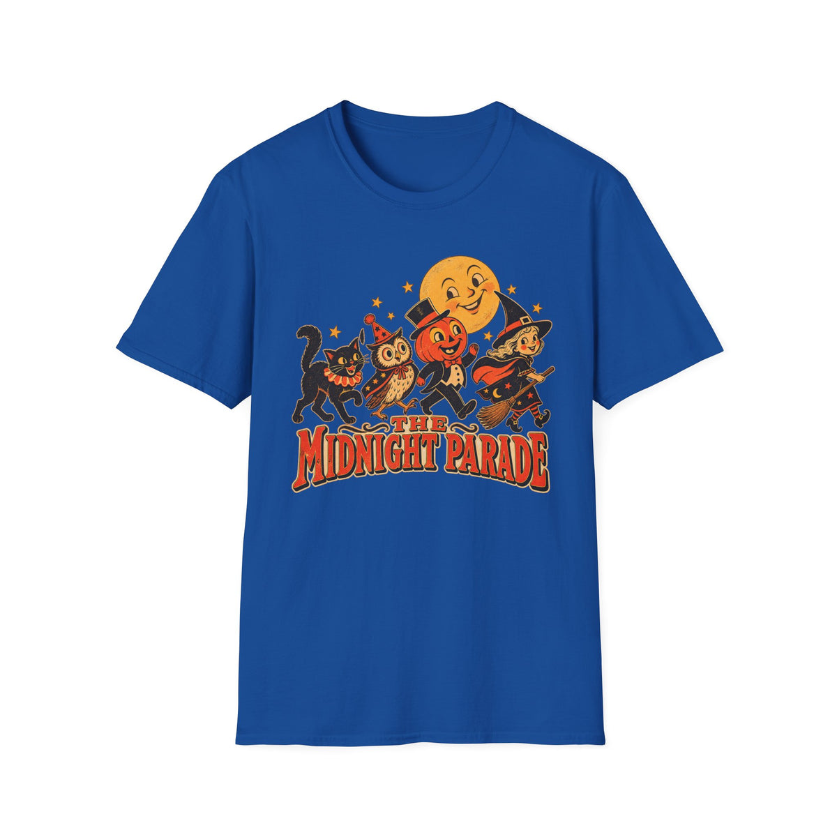 Midnight Parade Halloween T-Shirt — Retro Pumpkin, Witch & Black Cat Graphic