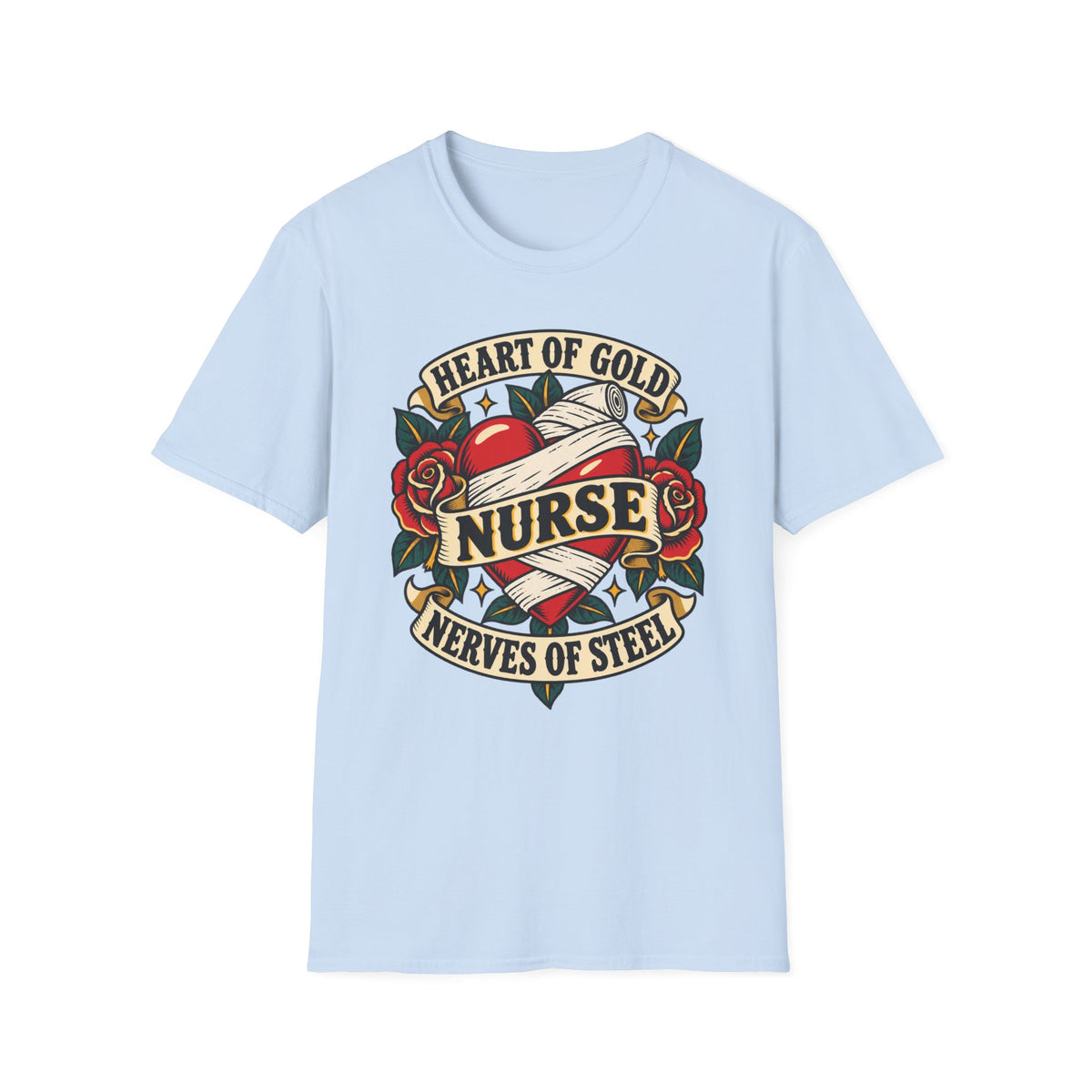 Nurse Tattoo Heart T-Shirt — "Heart of Gold, Nerves of Steel" Retro Nursing Tee