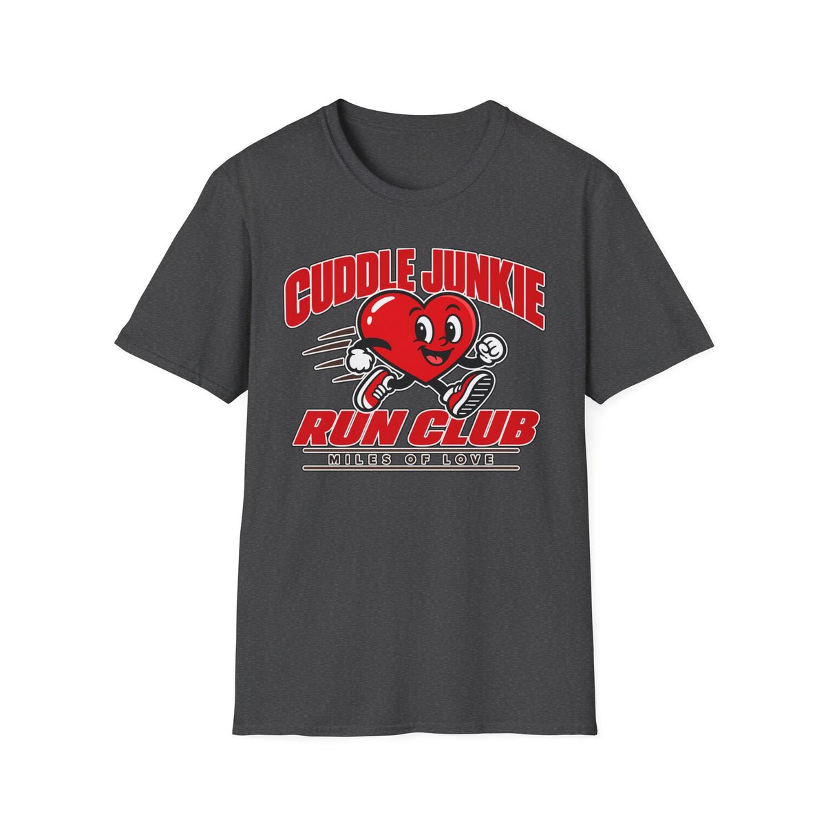Cuddle Junkie Run Club T-Shirt — Retro Heart Runner Graphic Tee