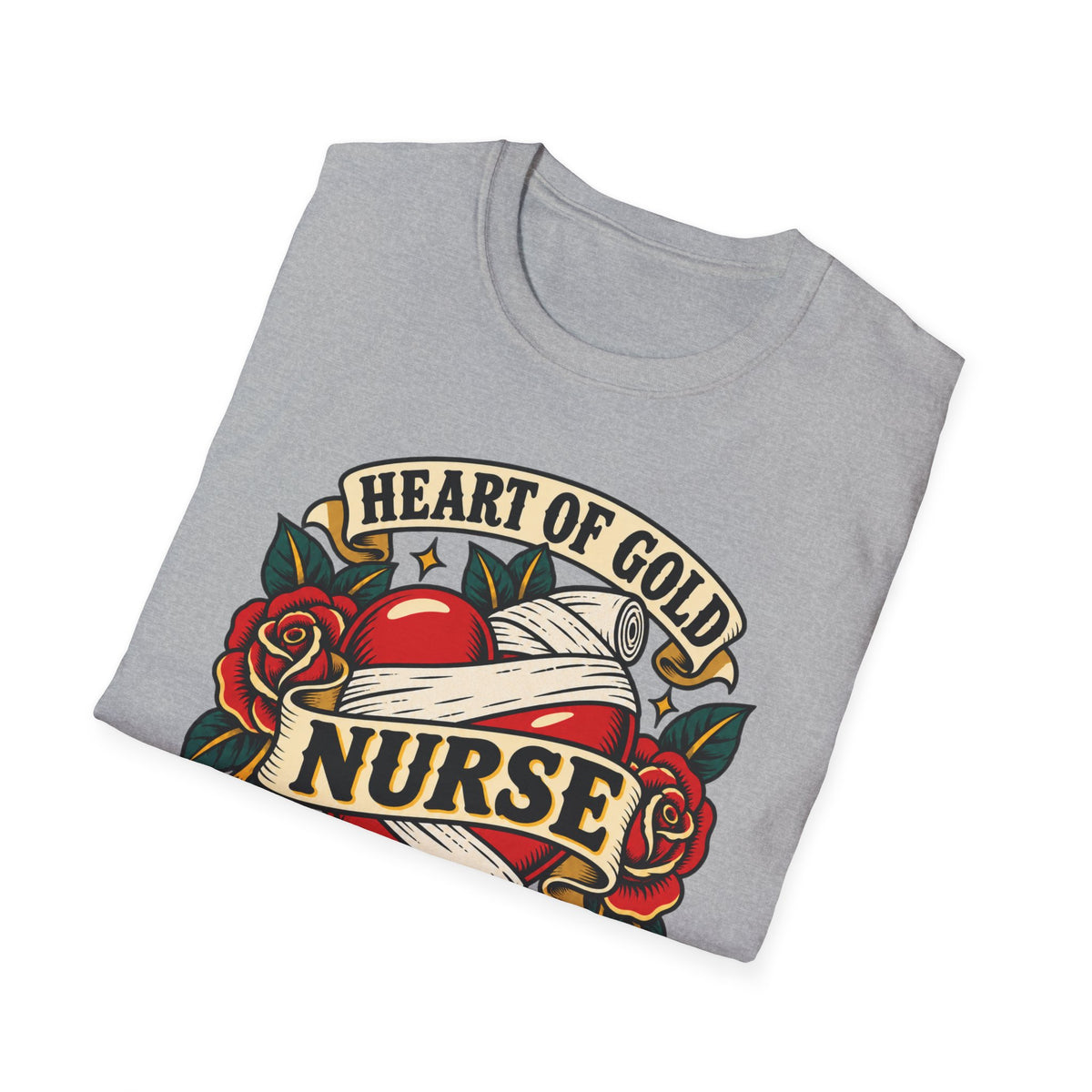 Nurse Tattoo Heart T-Shirt — "Heart of Gold, Nerves of Steel" Retro Nursing Tee