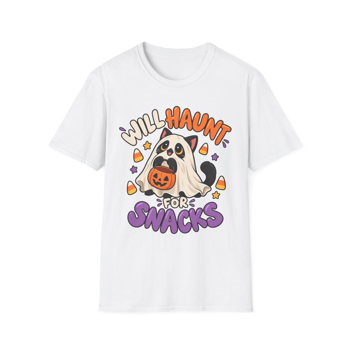 Halloween Ghost T-Shirt — "Will Haunt for Snacks" Cute Candy Costume Tee