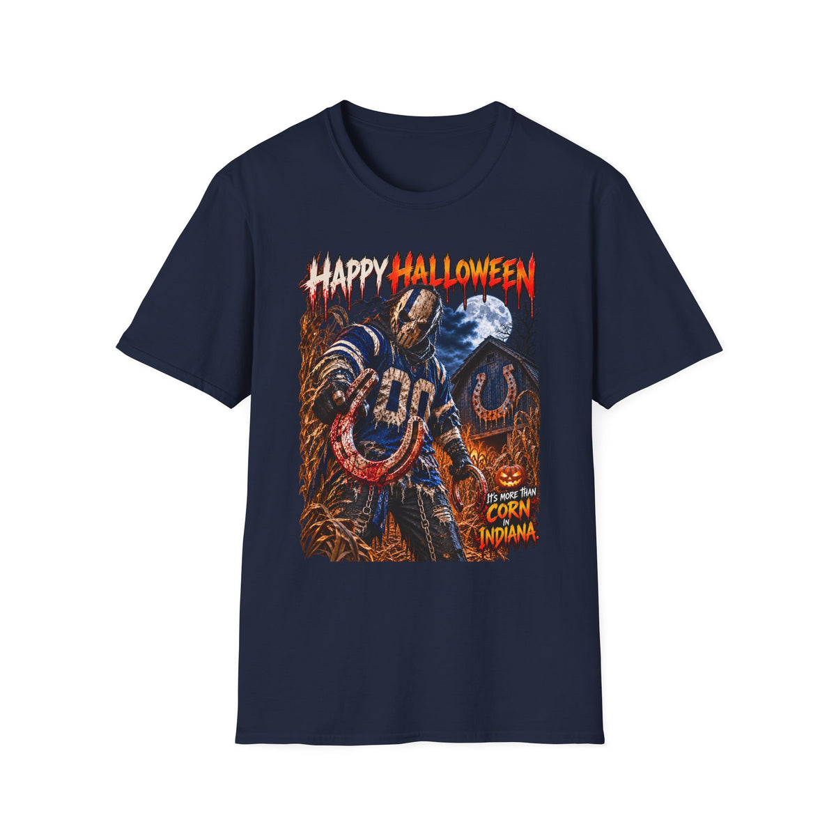 Halloween Scarecrow T-Shirt — "Happy Halloween" Cornfield Nightmare Tee