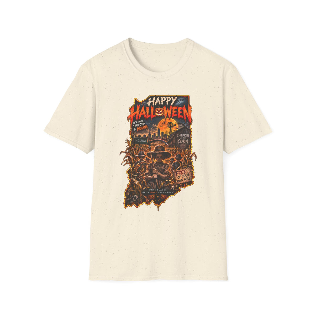 Happy Halloween Retro Tee — Moonlit Skull & Pumpkin Graveyard