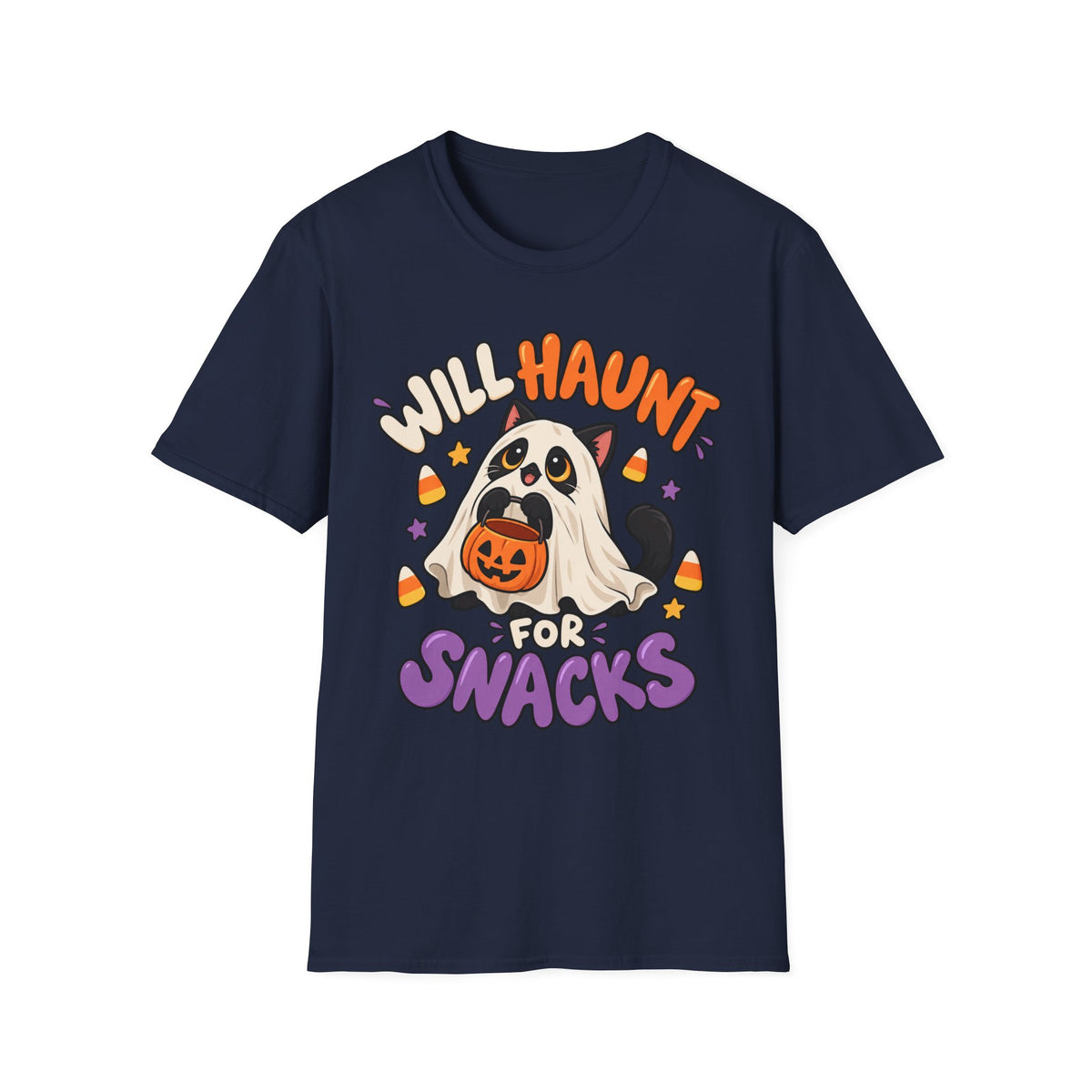 Halloween Ghost T-Shirt — "Will Haunt for Snacks" Cute Candy Costume Tee