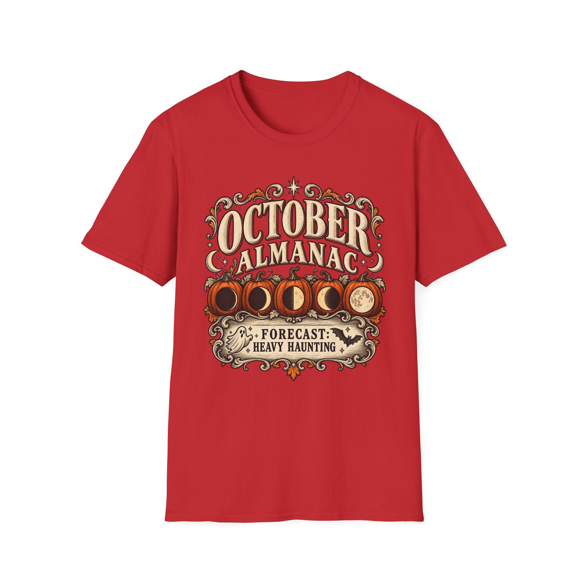 October Almanac T-Shirt — "Forecast: Heavy Haunting" Vintage Halloween Tee