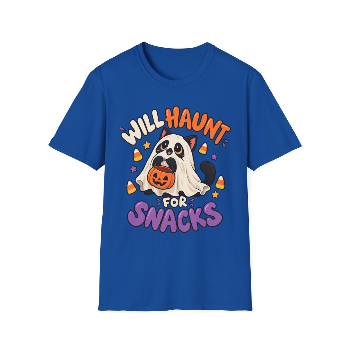Halloween Ghost T-Shirt — "Will Haunt for Snacks" Cute Candy Costume Tee