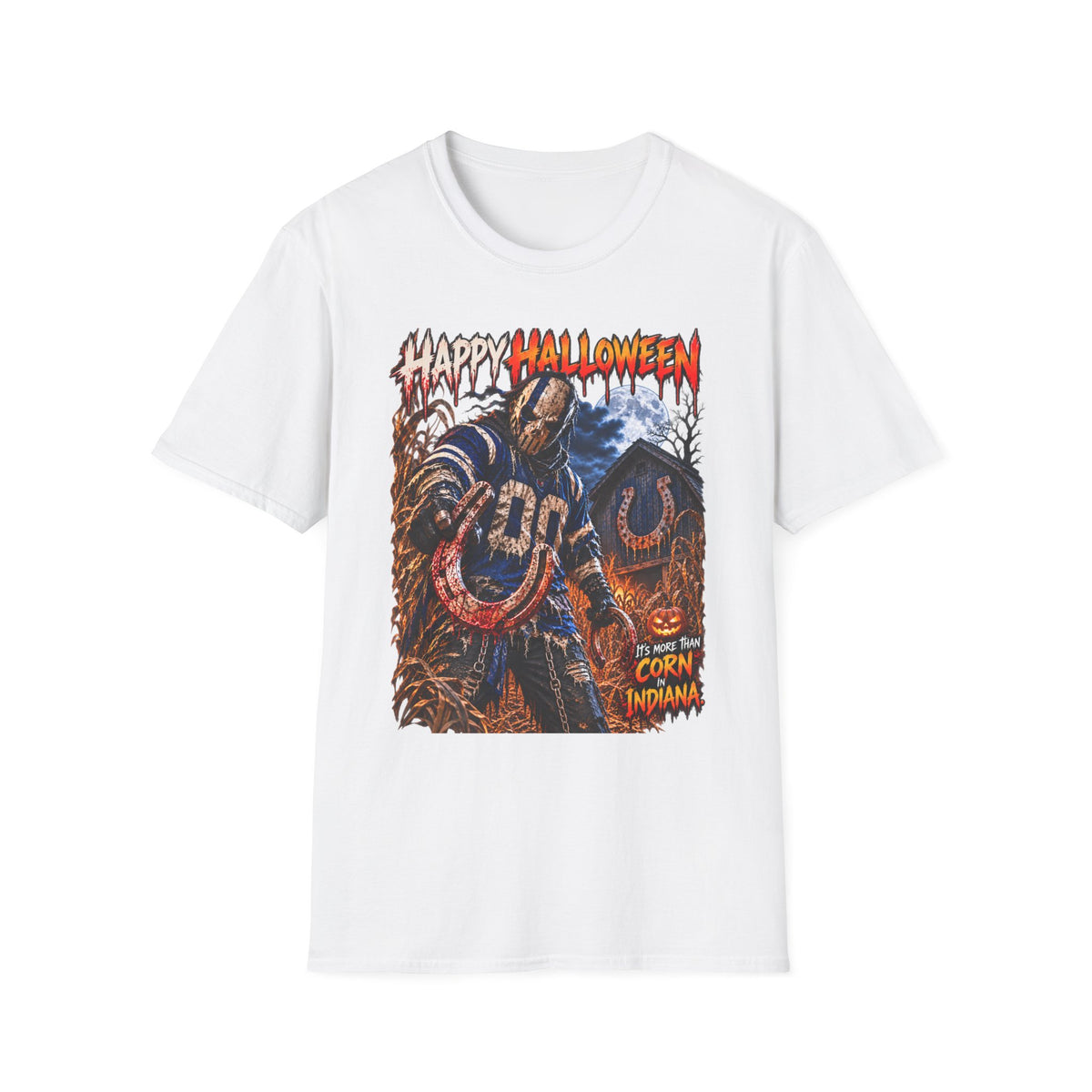 Halloween Scarecrow T-Shirt — "Happy Halloween" Cornfield Nightmare Tee