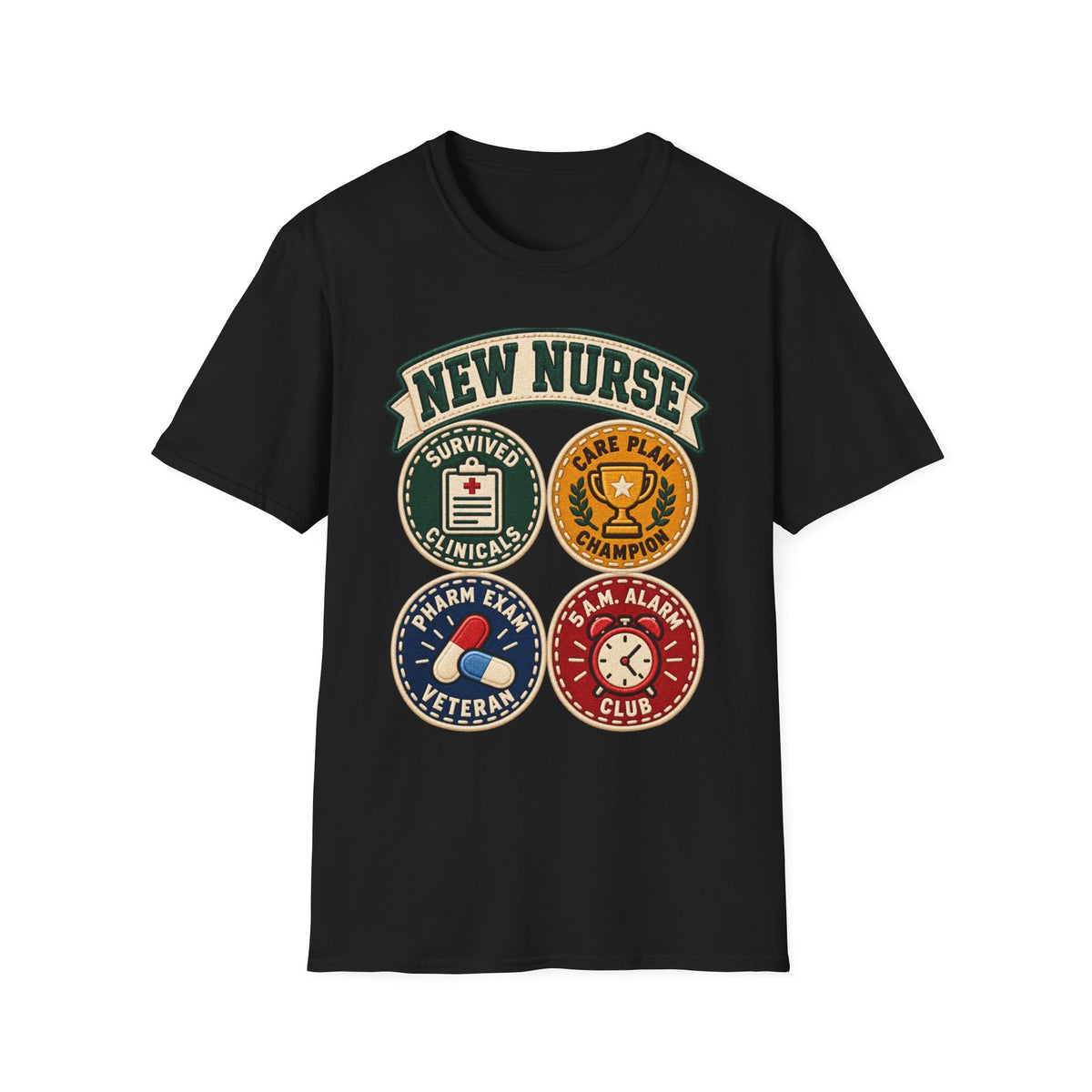 New Nurse Badge T-Shirt — "New Nurse" Vintage Patch Graphic Tee for Nursing Graduates