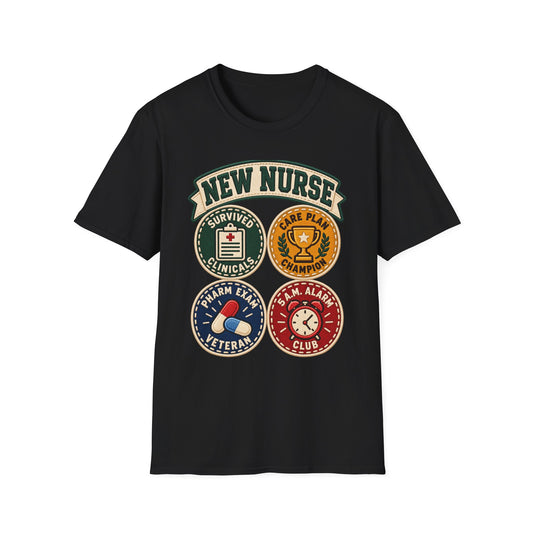 New Nurse Badge T-Shirt — "New Nurse" Vintage Patch Graphic Tee for Nursing Graduates
