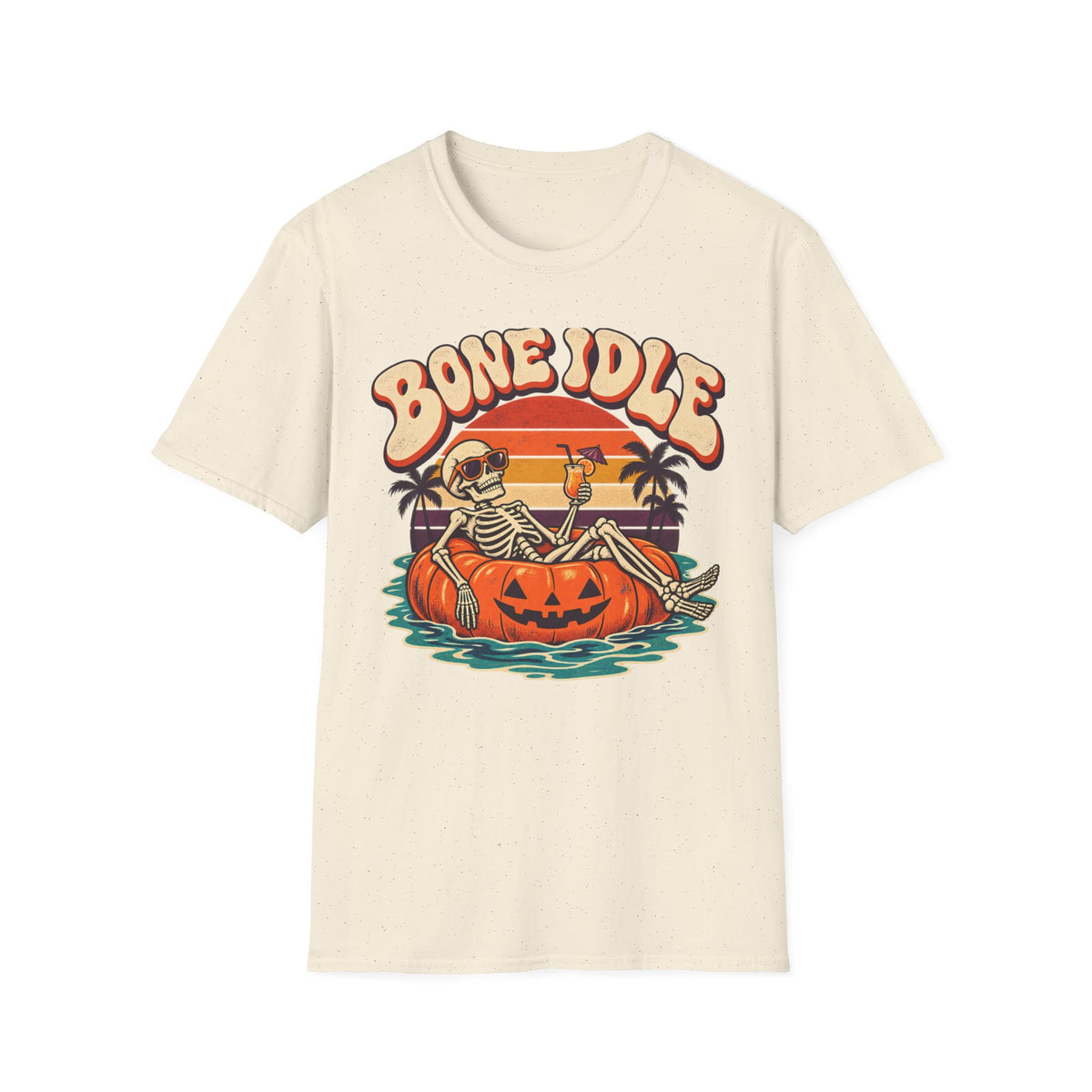 Bone Idle Skeleton Pumpkin T-Shirt — Retro Halloween Vacation Vibe