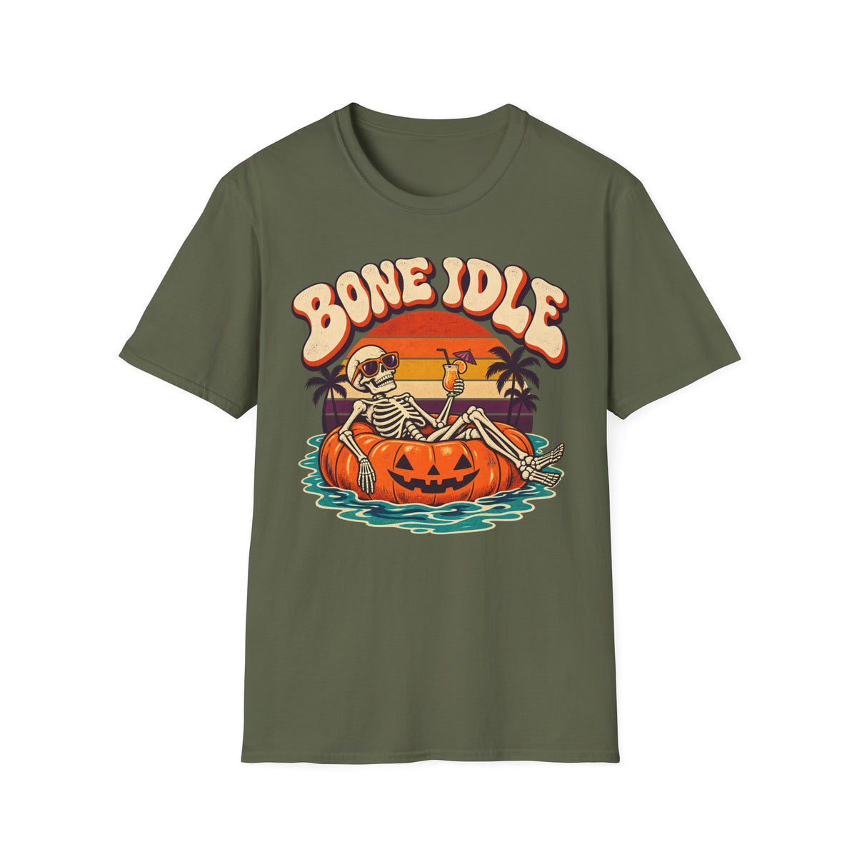 Bone Idle Skeleton Pumpkin T-Shirt — Retro Halloween Vacation Vibe