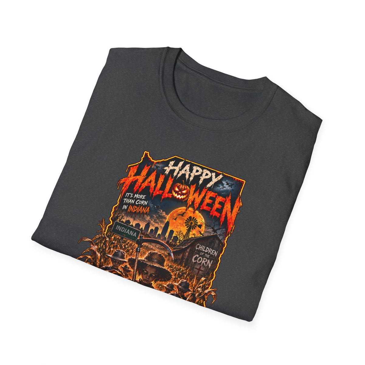Happy Halloween Retro Tee — Moonlit Skull & Pumpkin Graveyard