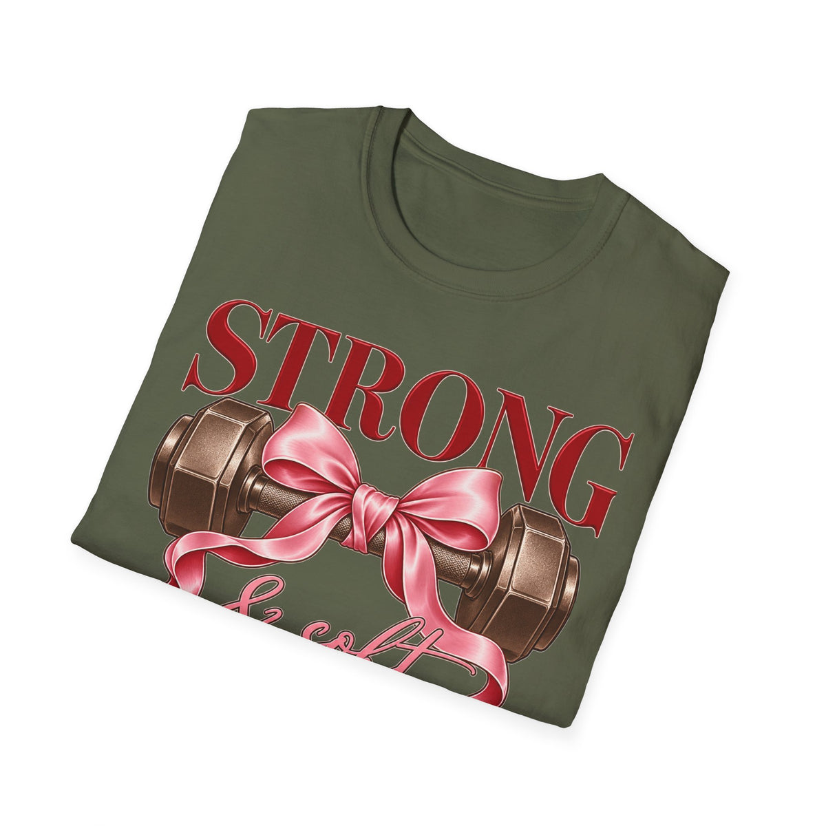 Strong & Soft T-Shirt — Dumbbell Graphic with Pink Ribbon (Fitness Gift)