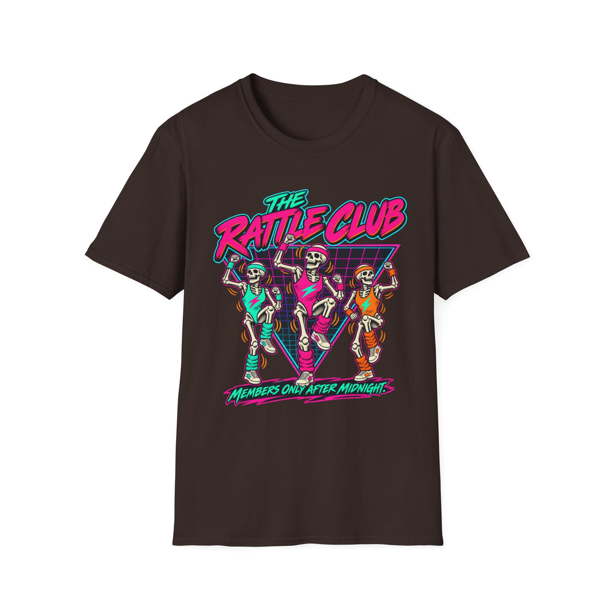 The Rattle Club T-Shirt — Retro Neon Skeletons "Members Only After Midnight"