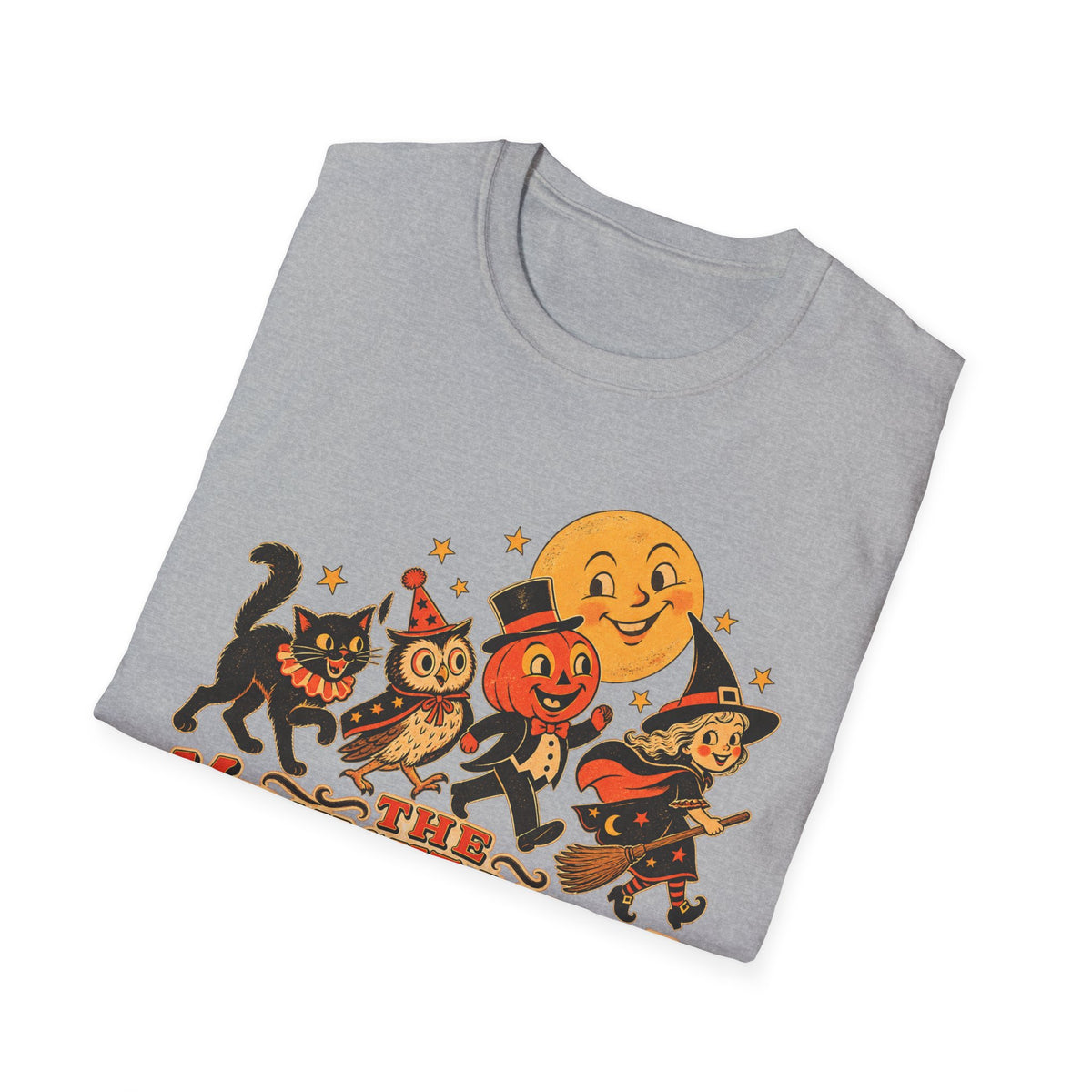 Midnight Parade Halloween T-Shirt — Retro Pumpkin, Witch & Black Cat Graphic