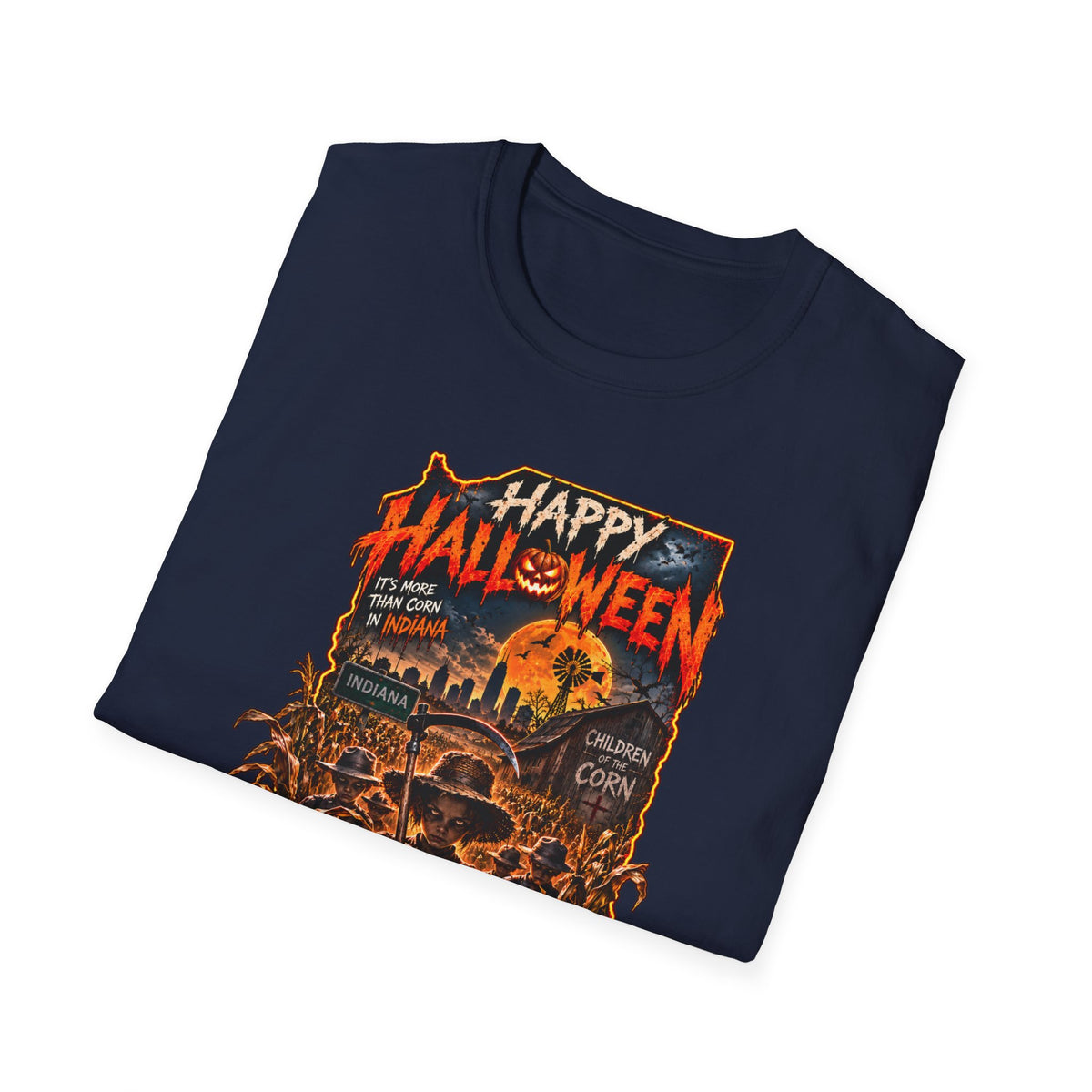 Happy Halloween Retro Tee — Moonlit Skull & Pumpkin Graveyard