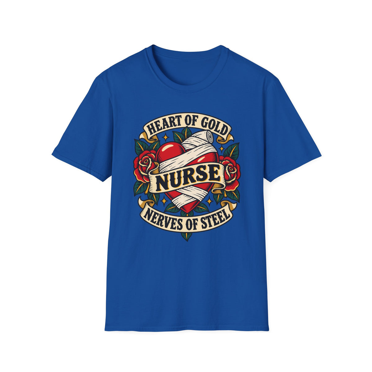 Nurse Tattoo Heart T-Shirt — "Heart of Gold, Nerves of Steel" Retro Nursing Tee