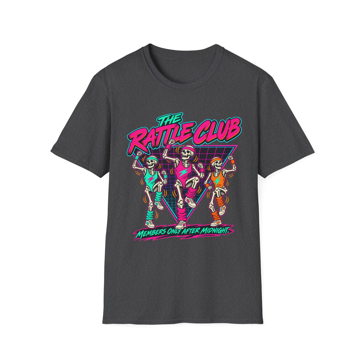 The Rattle Club T-Shirt — Retro Neon Skeletons "Members Only After Midnight"