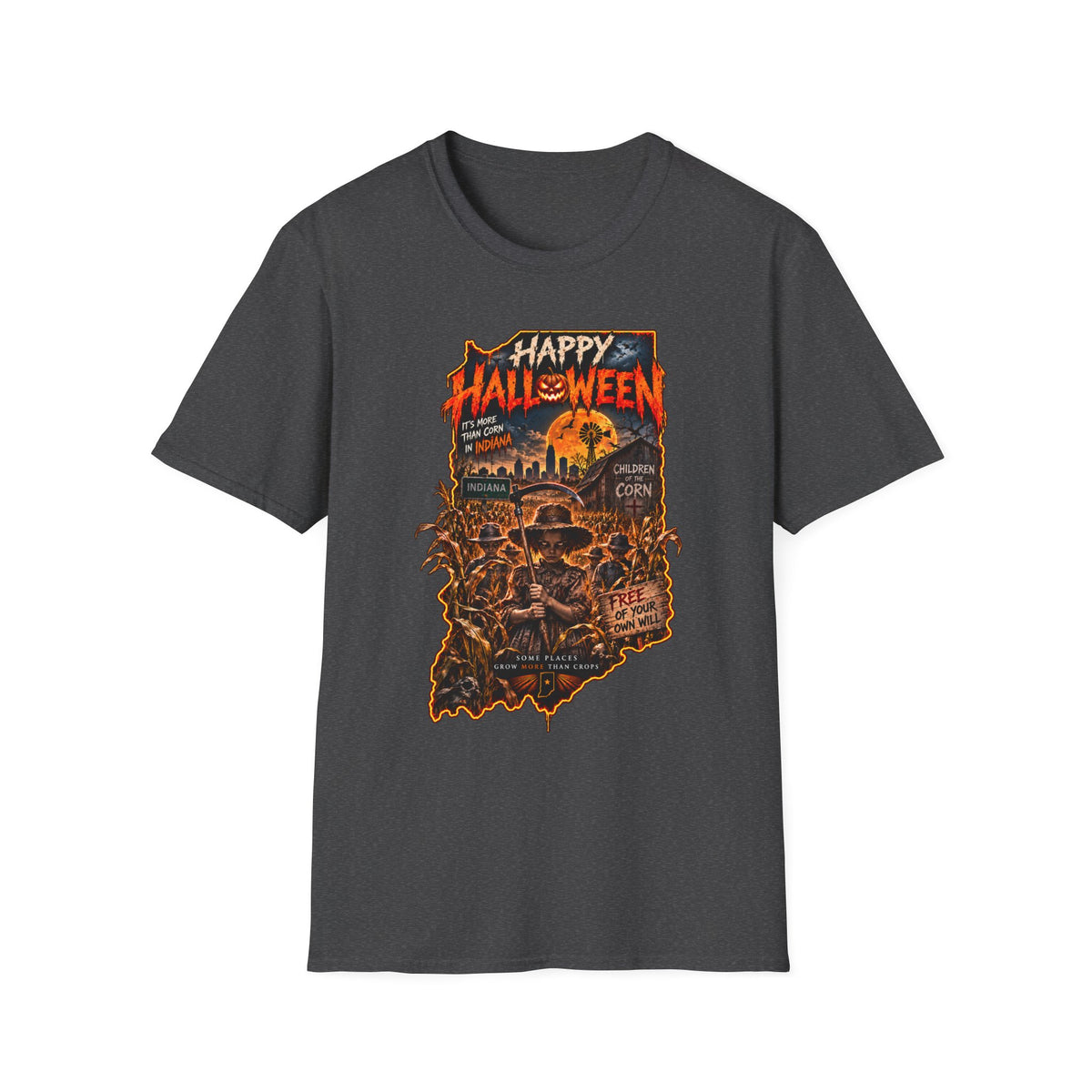 Happy Halloween Retro Tee — Moonlit Skull & Pumpkin Graveyard