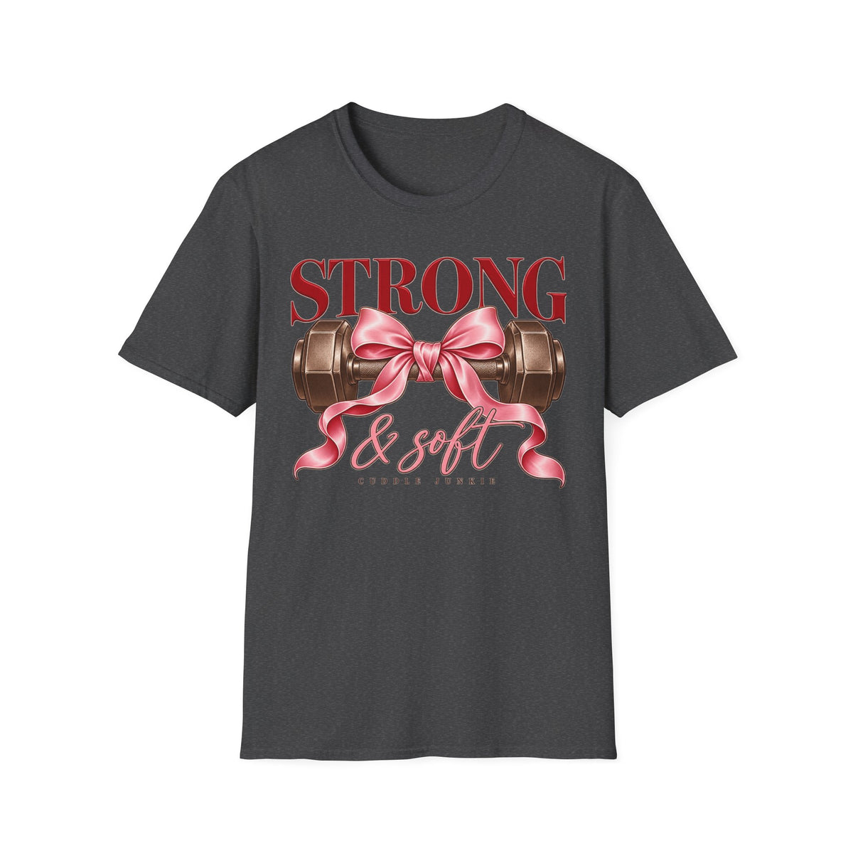 Strong & Soft T-Shirt — Dumbbell Graphic with Pink Ribbon (Fitness Gift)