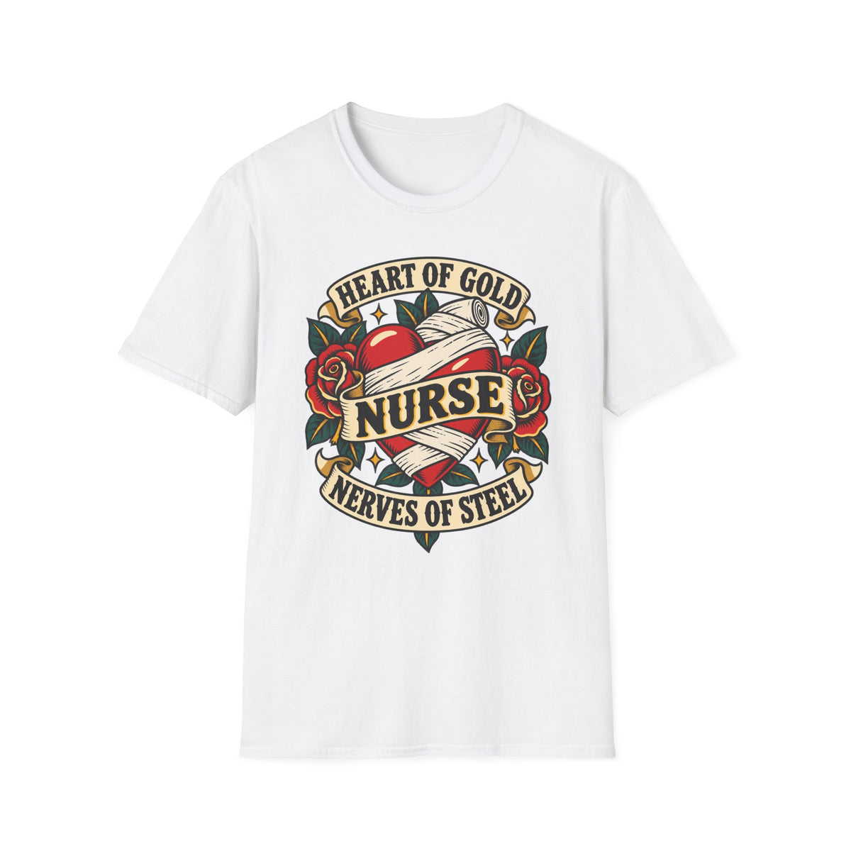 Nurse Tattoo Heart T-Shirt — "Heart of Gold, Nerves of Steel" Retro Nursing Tee
