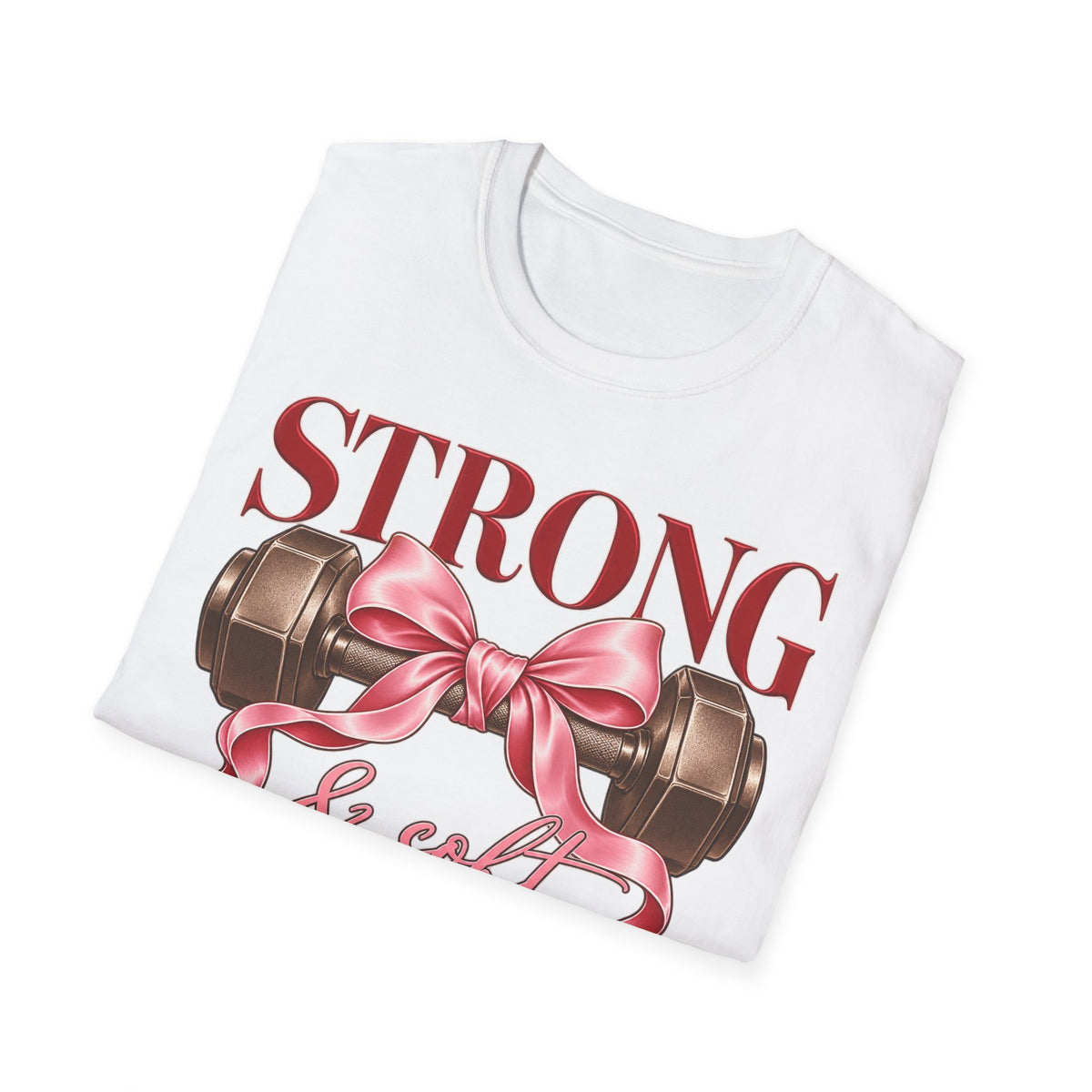 Strong & Soft T-Shirt — Dumbbell Graphic with Pink Ribbon (Fitness Gift)