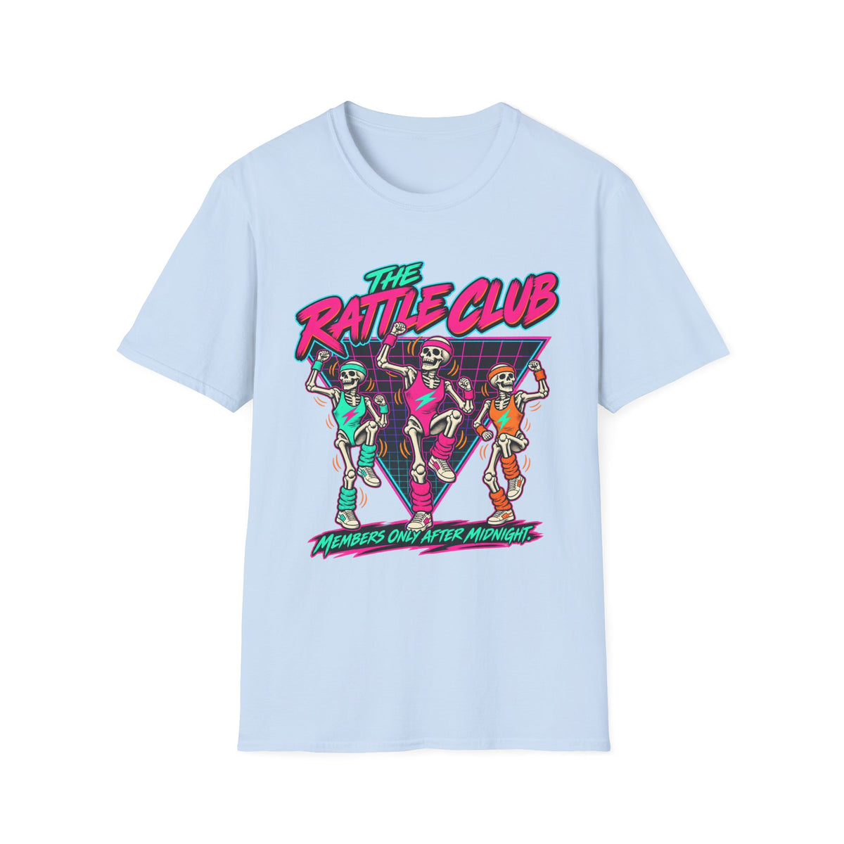 The Rattle Club T-Shirt — Retro Neon Skeletons "Members Only After Midnight"