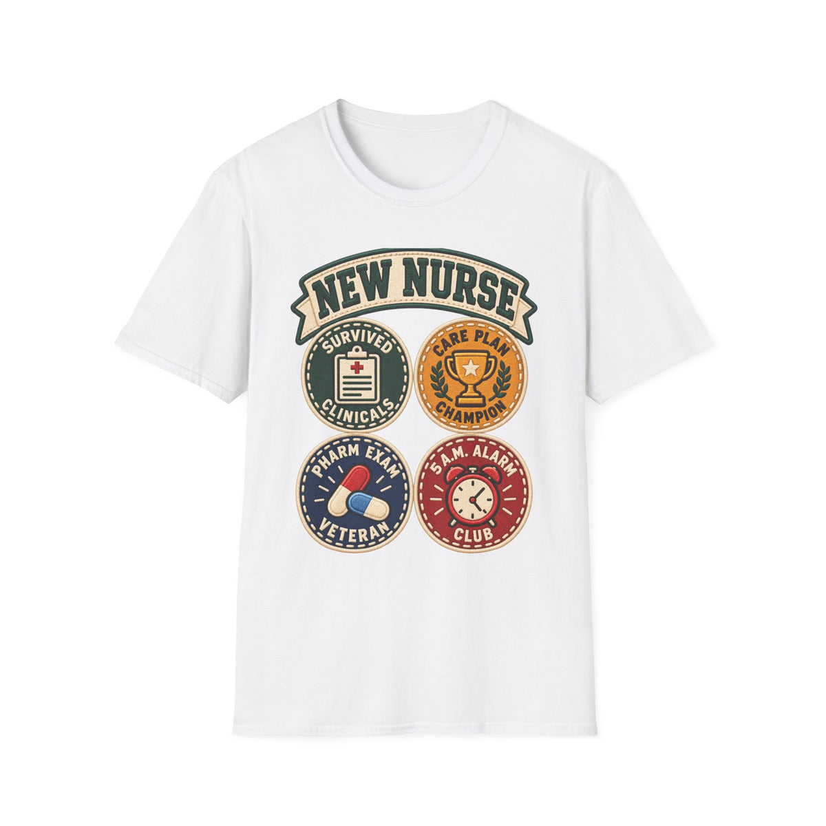 New Nurse Badge T-Shirt — "New Nurse" Vintage Patch Graphic Tee for Nursing Graduates