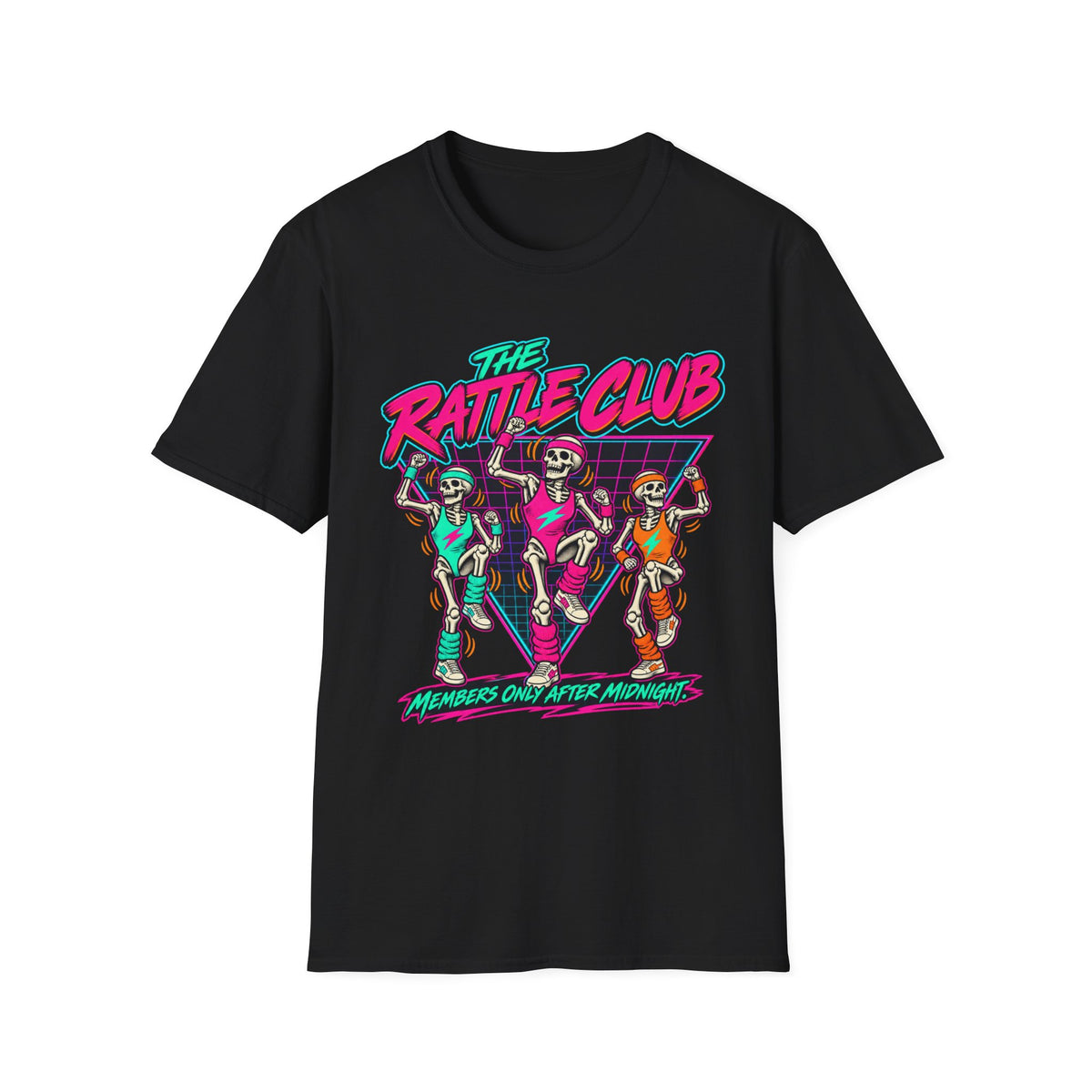 The Rattle Club T-Shirt — Retro Neon Skeletons "Members Only After Midnight"