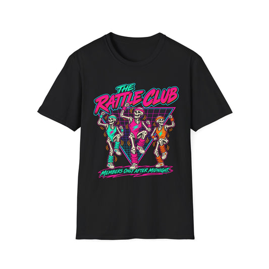 The Rattle Club T-Shirt — Retro Neon Skeletons "Members Only After Midnight"
