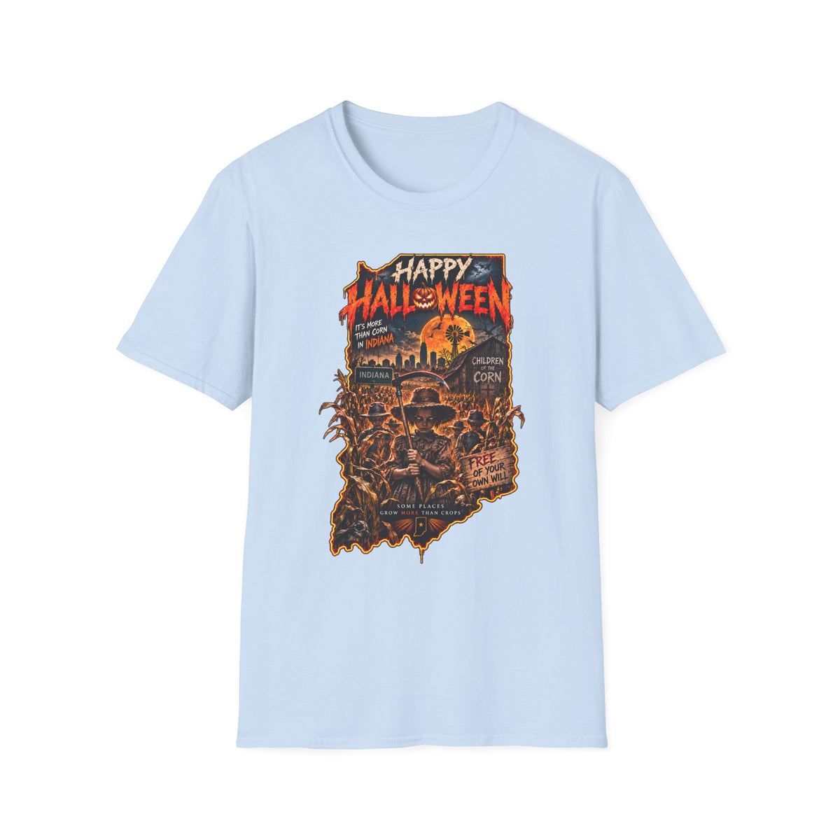 Happy Halloween Retro Tee — Moonlit Skull & Pumpkin Graveyard