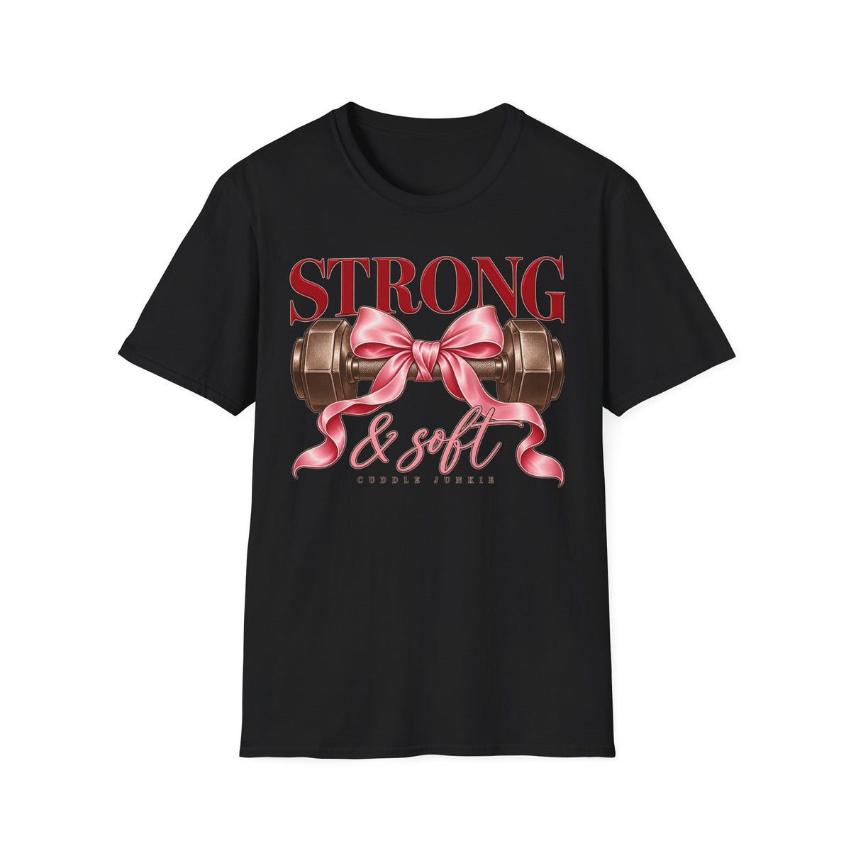 Strong & Soft T-Shirt — Dumbbell Graphic with Pink Ribbon (Fitness Gift)