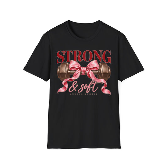 Strong & Soft T-Shirt — Dumbbell Graphic with Pink Ribbon (Fitness Gift)