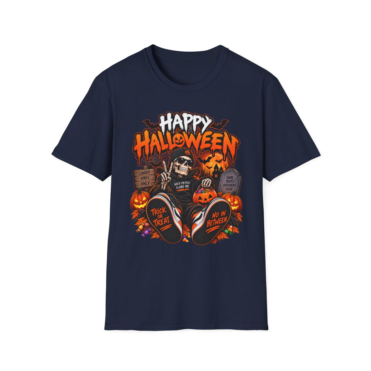 Happy Halloween Skeleton T-Shirt — Trick or Treat Pumpkin Graphic Tee