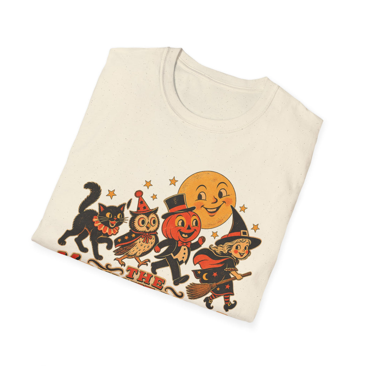 Midnight Parade Halloween T-Shirt — Retro Pumpkin, Witch & Black Cat Graphic