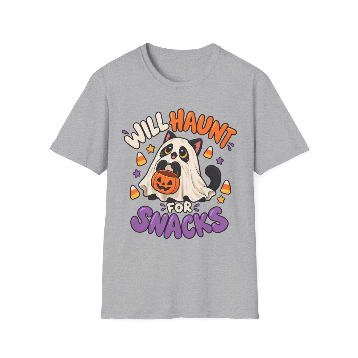 Halloween Ghost T-Shirt — "Will Haunt for Snacks" Cute Candy Costume Tee