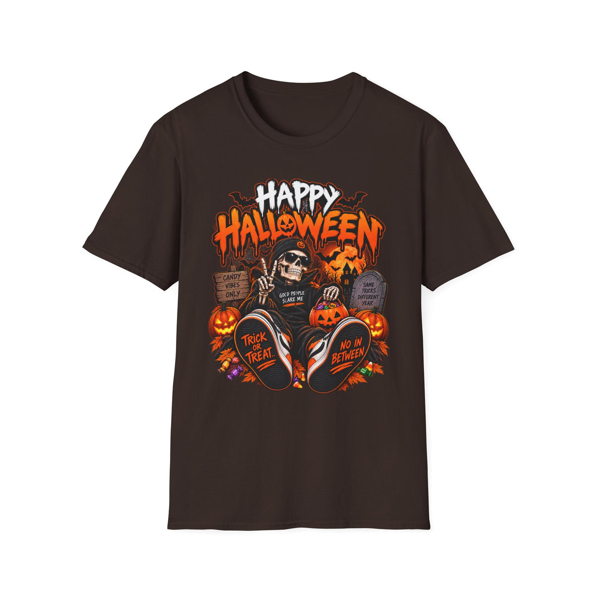 Happy Halloween Skeleton T-Shirt — Trick or Treat Pumpkin Graphic Tee